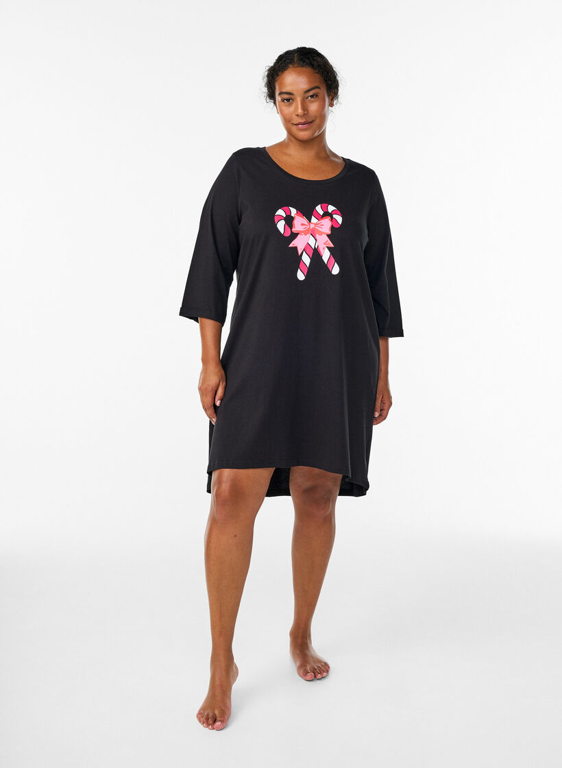Nachthemd aus Bio-Baumwolle mit weihnachtlichem Motiv, Schwarz, Model image number 1