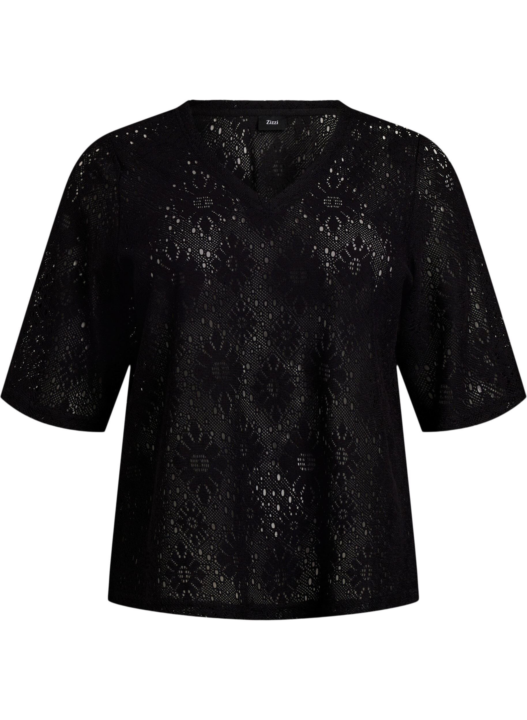 Zizzi Bluse mit Lochmuster und kurzen &Auml;rmeln, Schwarz, Packshot image number 0