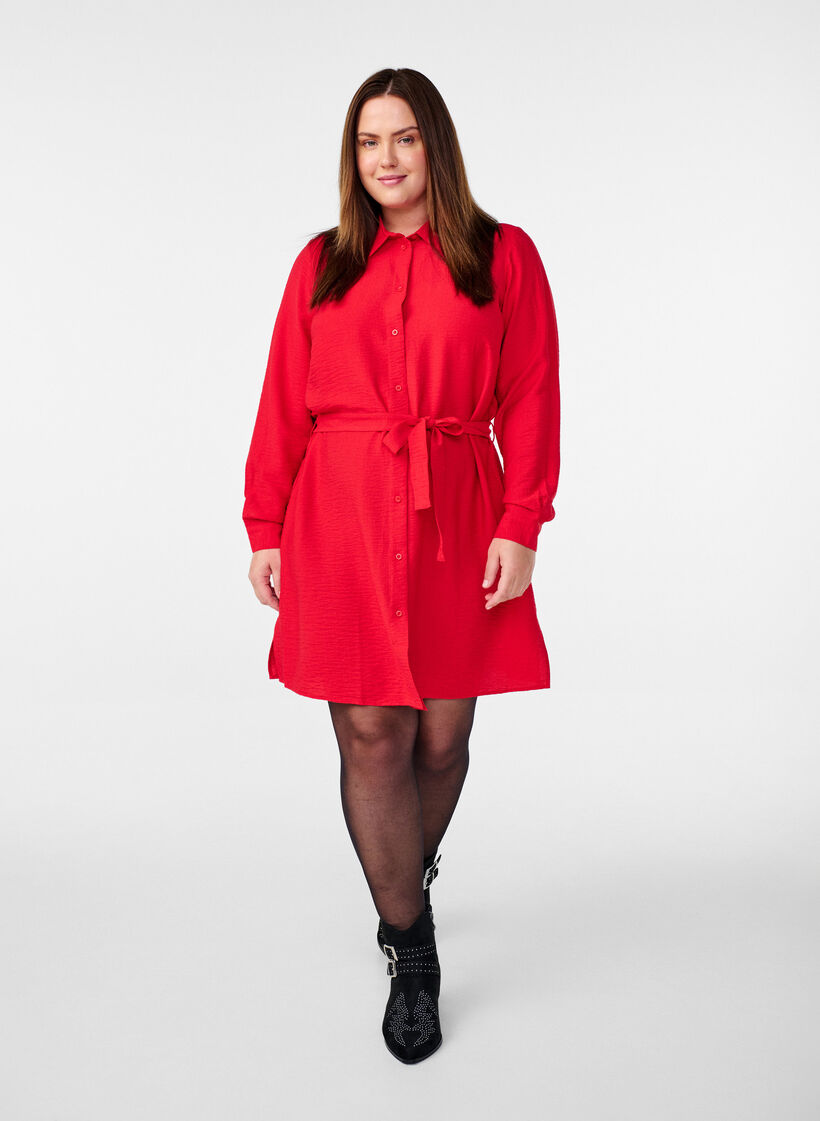 Hemdblusenkleid mit Bindegürtel und langen Ärmeln, Rot, Model image number 1