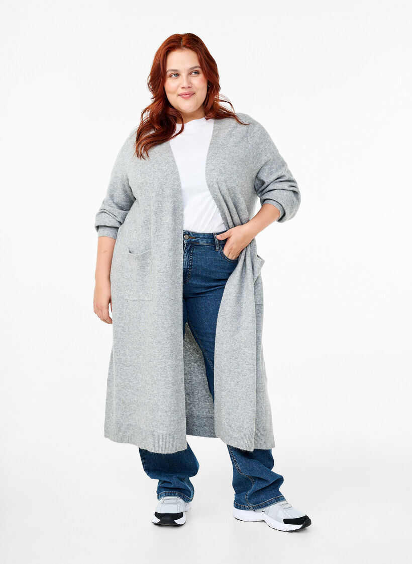 Lange Strickjacke mit Taschen, Light Grey Melange, Model image number 0