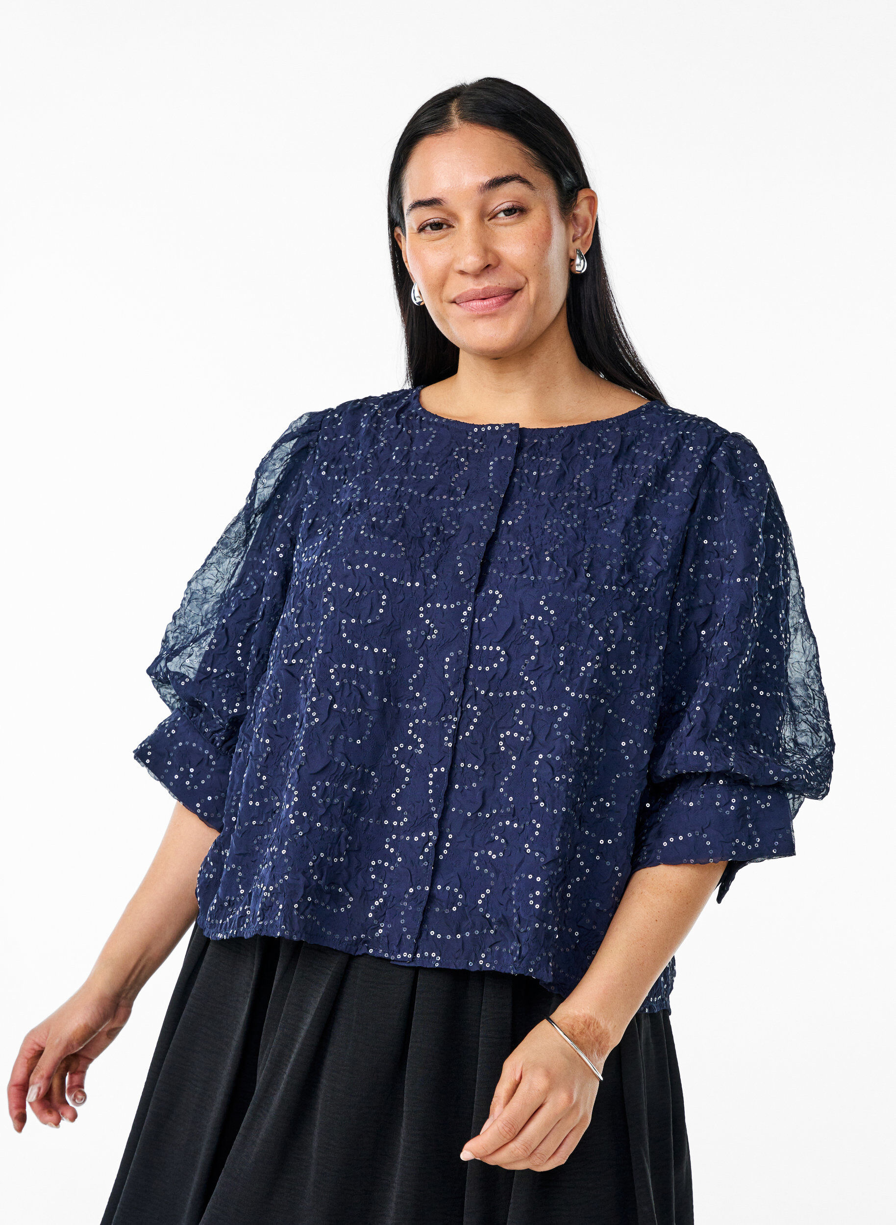 Partybluse mit Pailletten und halblangen &Auml;rmeln, Blau, Model