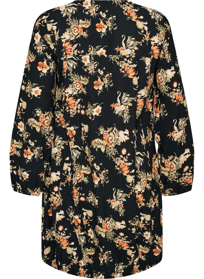 Kurzes Baumwollkleid mit Gummisaum und langen &Auml;rmeln, Schwarz, Packshot image number 1