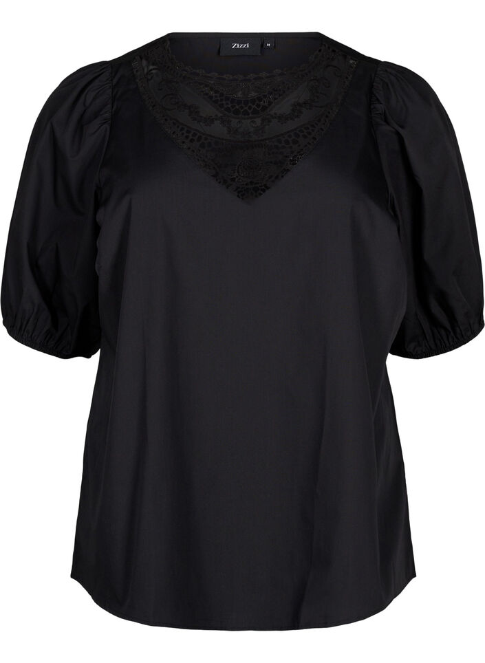 Kurzärmelige Bluse mit Spitzendetail, Black, Packshot image number 0