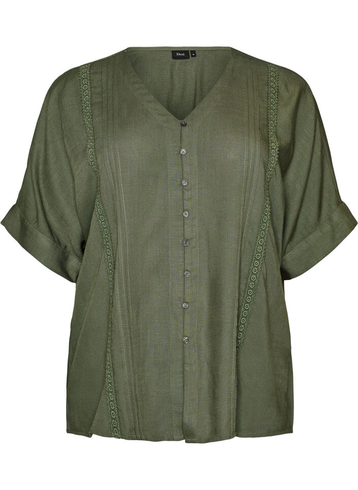 Viskosebluse mit Crochet-Besatz und Kn&ouml;pfen, Gr&uuml;n, Packshot image number 0