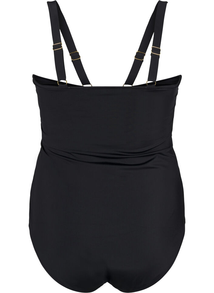 Badeanzug mit V-Ausschnitt und Raffung, Schwarz, Packshot image number 1