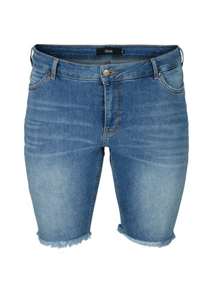 Hochtaillierte Denim-Shorts mit Fransensaum, Dark blue denim, Packshot image number 0