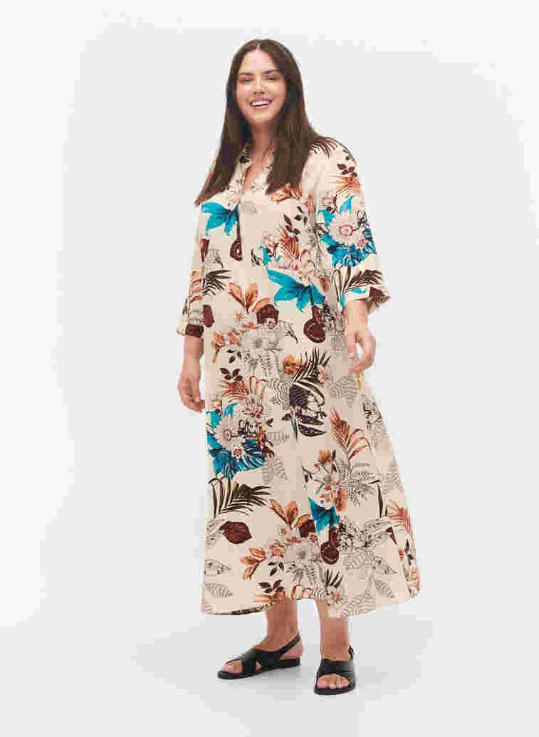 Hemdkleid aus Viskose mit Blumendruck, Brown Flower AOP, Model image number 0