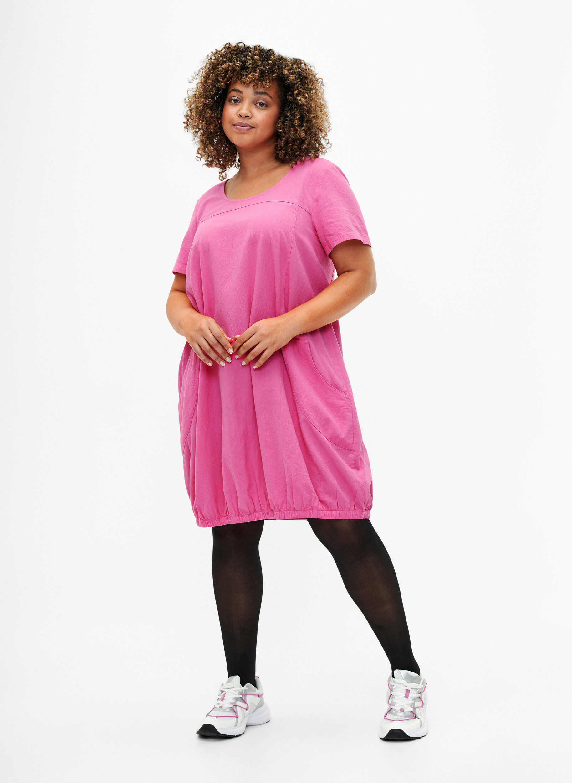 Zizzi Baumwollkleid mit kurzen &Auml;rmeln, Pink, Model image number 1