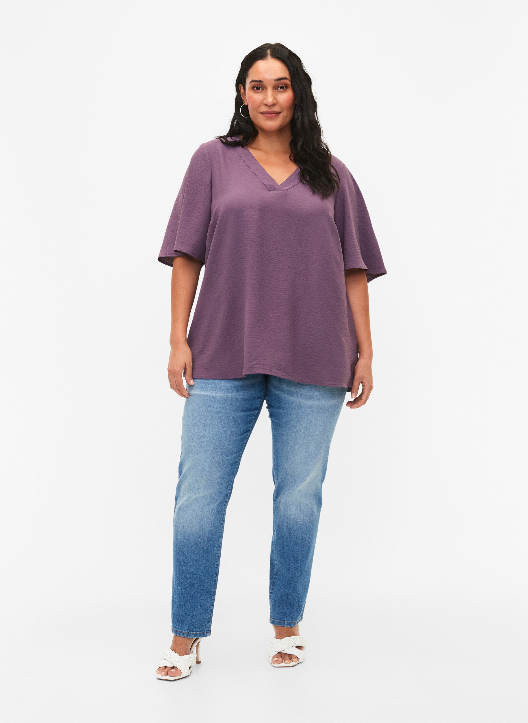 Zizzi Kurz&auml;rmelige Bluse mit A-Form, Vintage Violet, Model image number 2