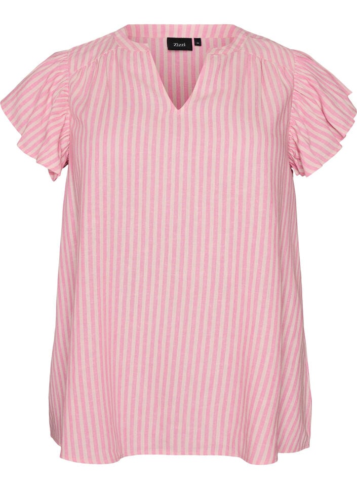 Bluse aus Viskose und Leinen mit R&uuml;schen&auml;rmeln, Pink, Packshot image number 0