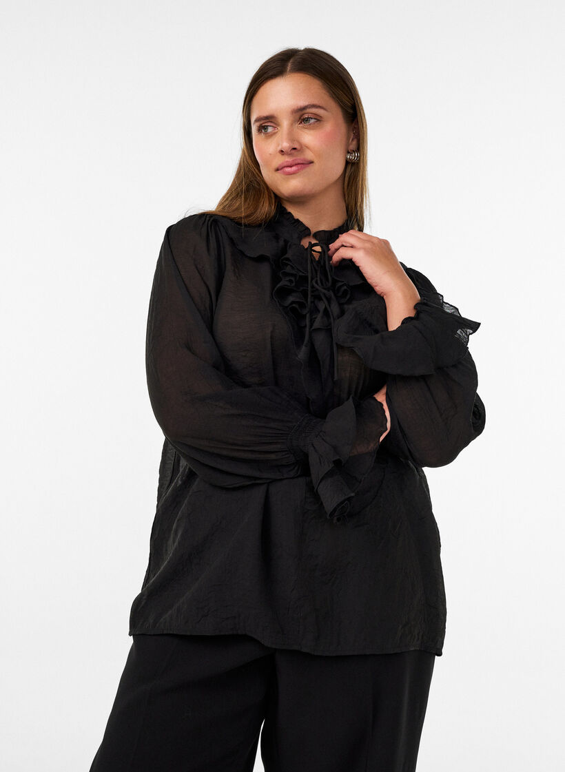 Viskosebluse mit R&uuml;schen und langen &Auml;rmeln, Schwarz, Model image number 0