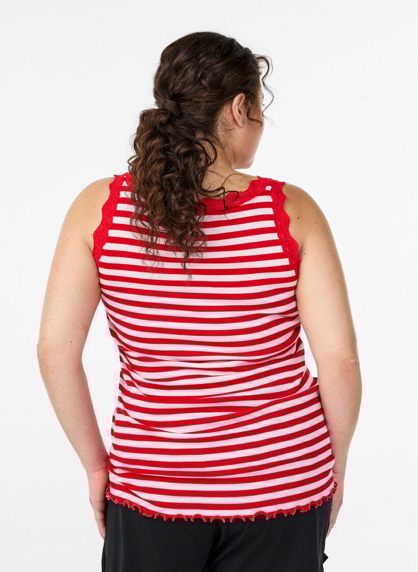 Gestreiftes Top mit Rippstruktur und Spitzen, Pink, Model image number 2