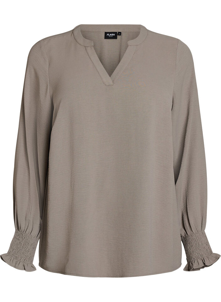 Bluse mit Smockb&uuml;ndchen und V-Ausschnitt, Beige, Packshot image number 0