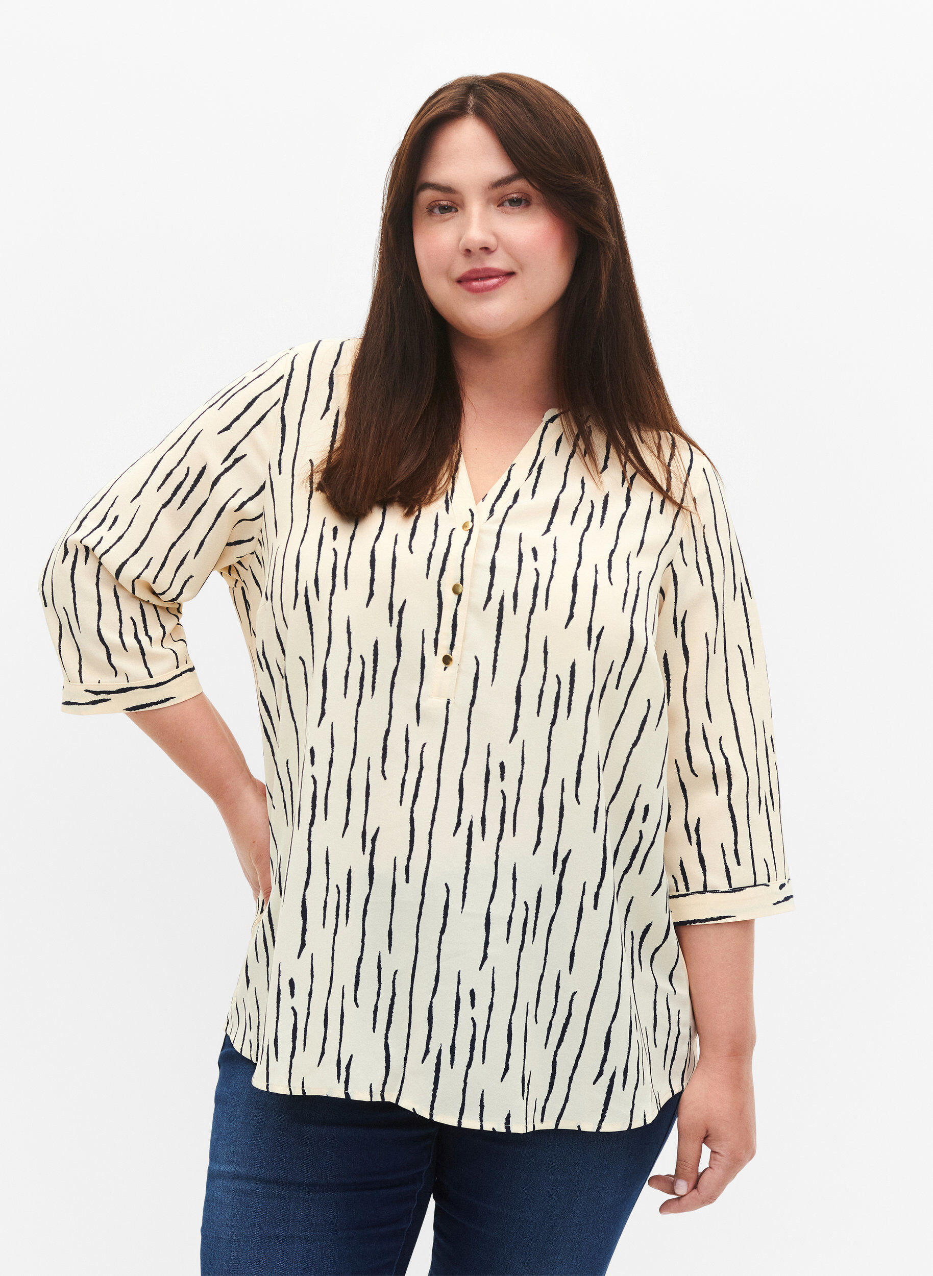 Zizzi Bluse mit 3/4 &Auml;rmeln und Druck, Off White Stripe, Model image number 0