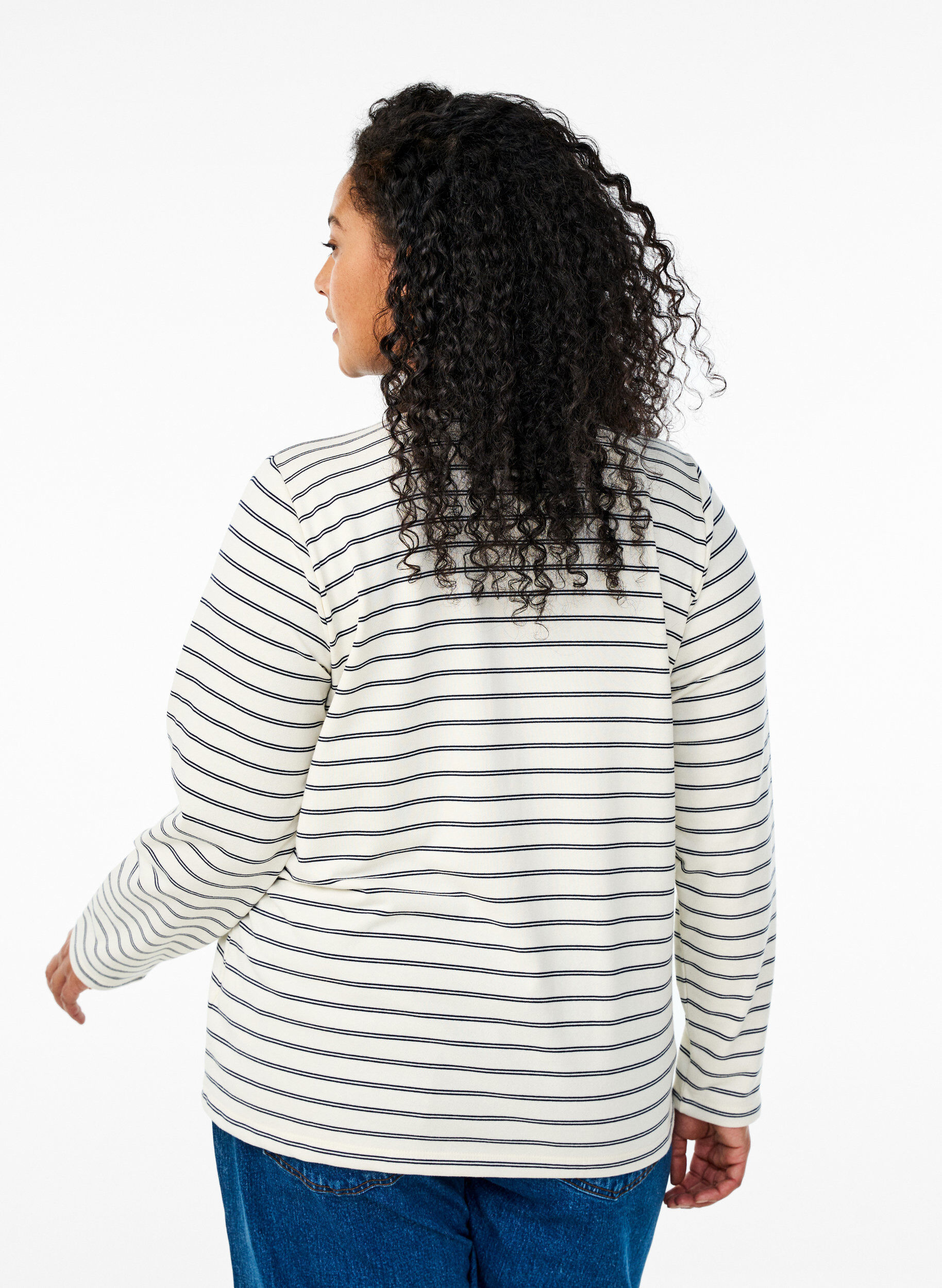 Zizzi Poloshirt mit Streifen und Rei&szlig;verschluss, Wei&szlig;, Model image number 2