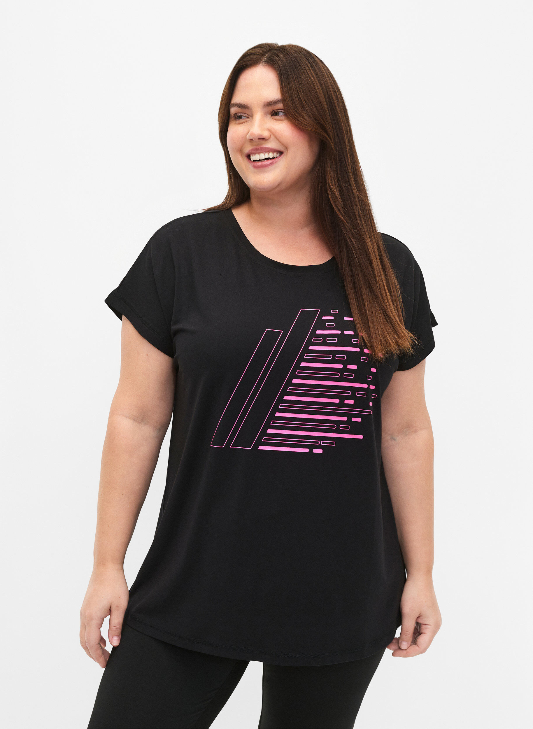 Zizzi Trainingsshirt mit kurzen &Auml;rmeln und Print, Black/Sugar Plum, Model image number 0