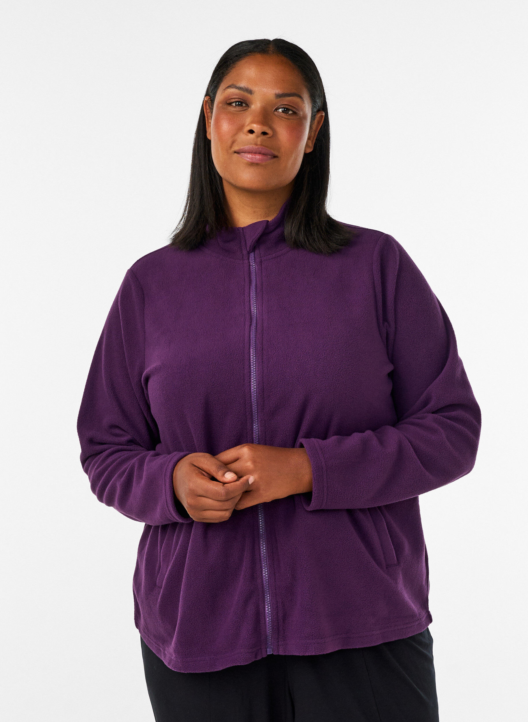 Top aus Fleece mit Rei&szlig;verschluss und hohem Kragen, Lila, Model