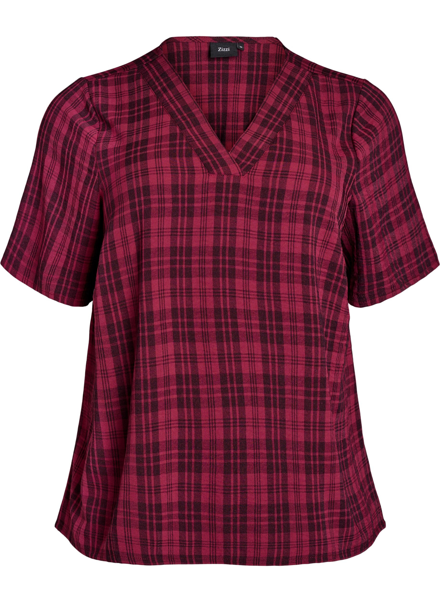 Zizzi Bluse mit Karo-Muster und V-Ausschnitt, Dunkles Bordeaux, Packshot image number 0
