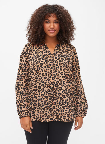 Langarm Bluse mit Leoparden-Print und V-Ausschnitt, Leopard, Model image number 0