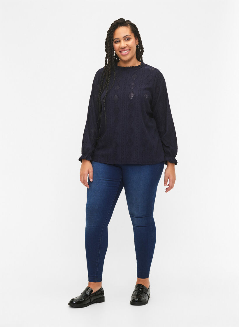 Bluse mit Rüschendetails und einem Ton in Ton gehaltenen Muster, Night Sky, Model image number 2