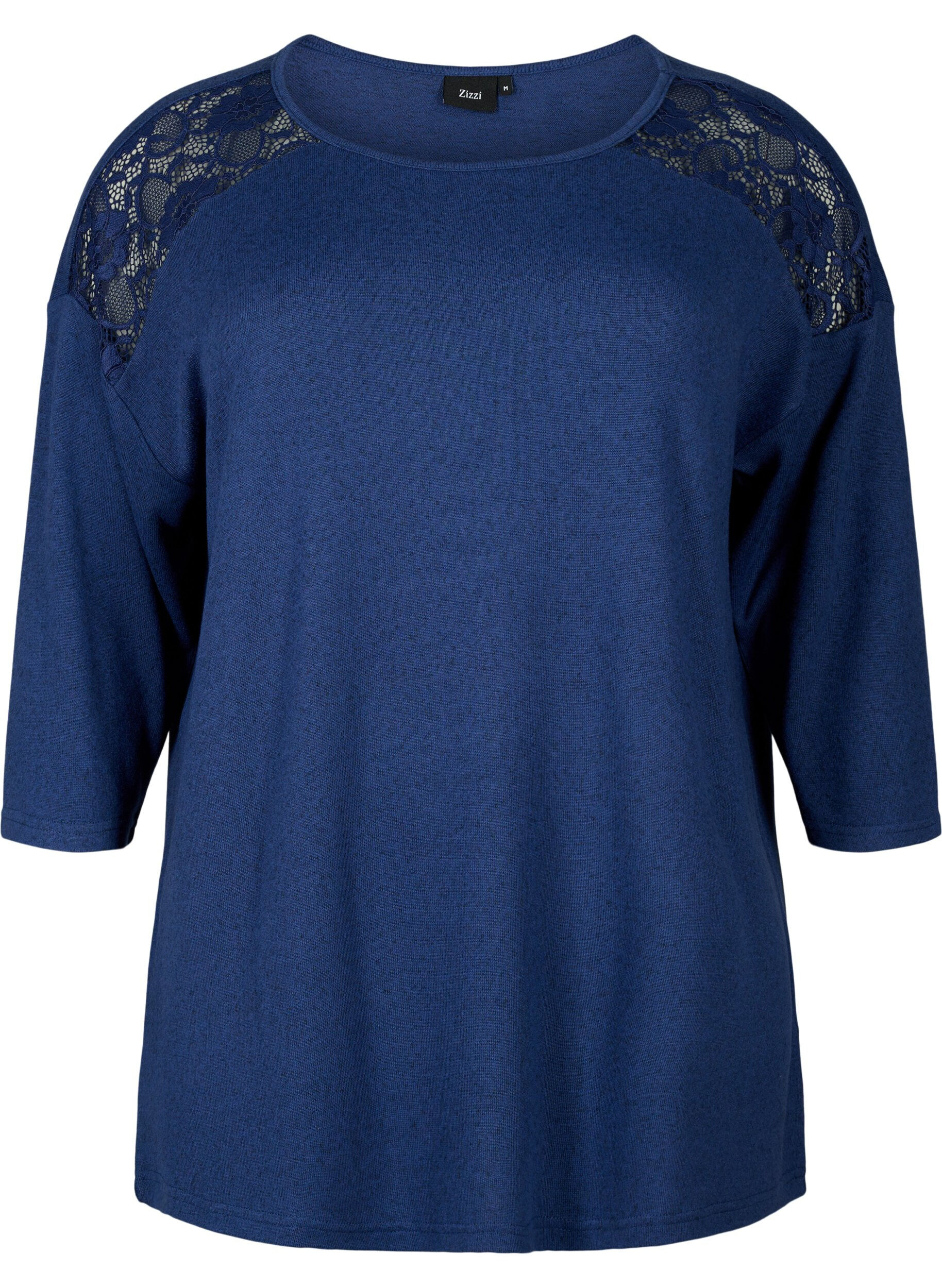 Zizzi Bluse mit 3/4-&Auml;rmeln und Spitzendetail, Medieval Blue Mel., Packshot image number 0