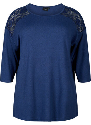 Bluse mit 3/4-Ärmeln und Spitzendetail, Medieval Blue Mel., Packshot image number 0