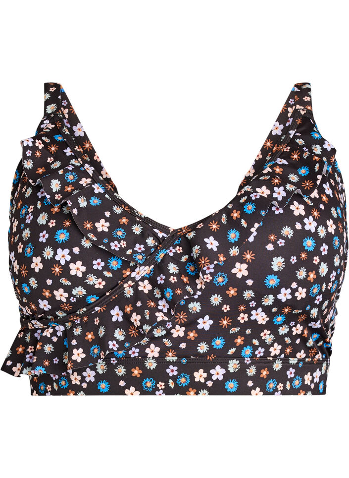 Gebl&uuml;mtes Bikinioberteil mit R&uuml;schendetails, Braun, Packshot image number 0