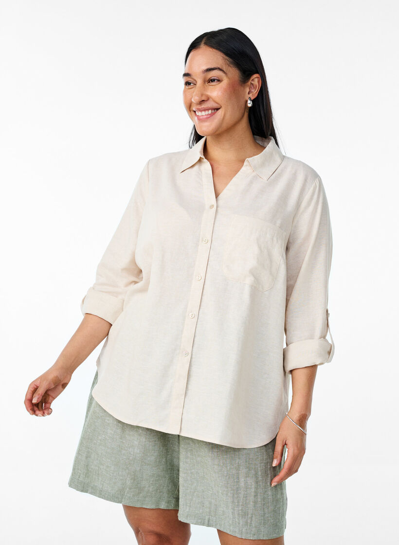 Bluse aus Leinen und Viskose mit 3/4-&Auml;rmeln, Beige, Model image number 0