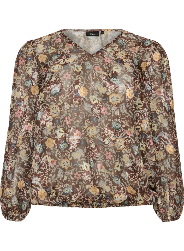Bluse mit Blumenmuster und Ballon&auml;rmeln, Braun, Packshot image number 0