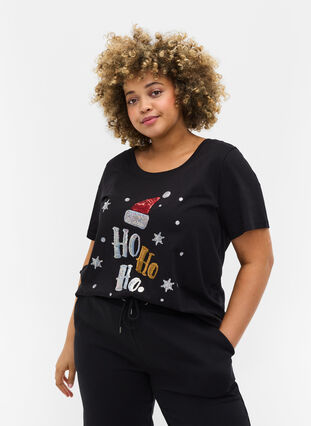 Weihnachts-T-Shirt aus Baumwolle, Black Ho Ho Ho, Model image number 0