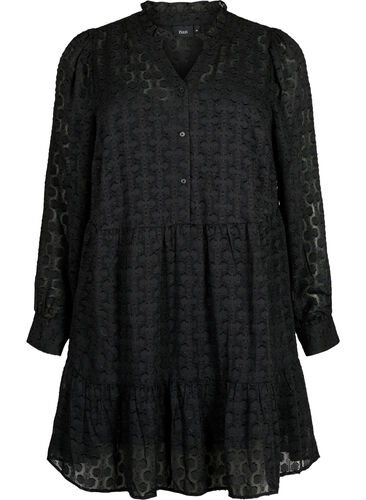 Jacquard-Kleid mit Rüschenkragen, Black, Packshot image number 0