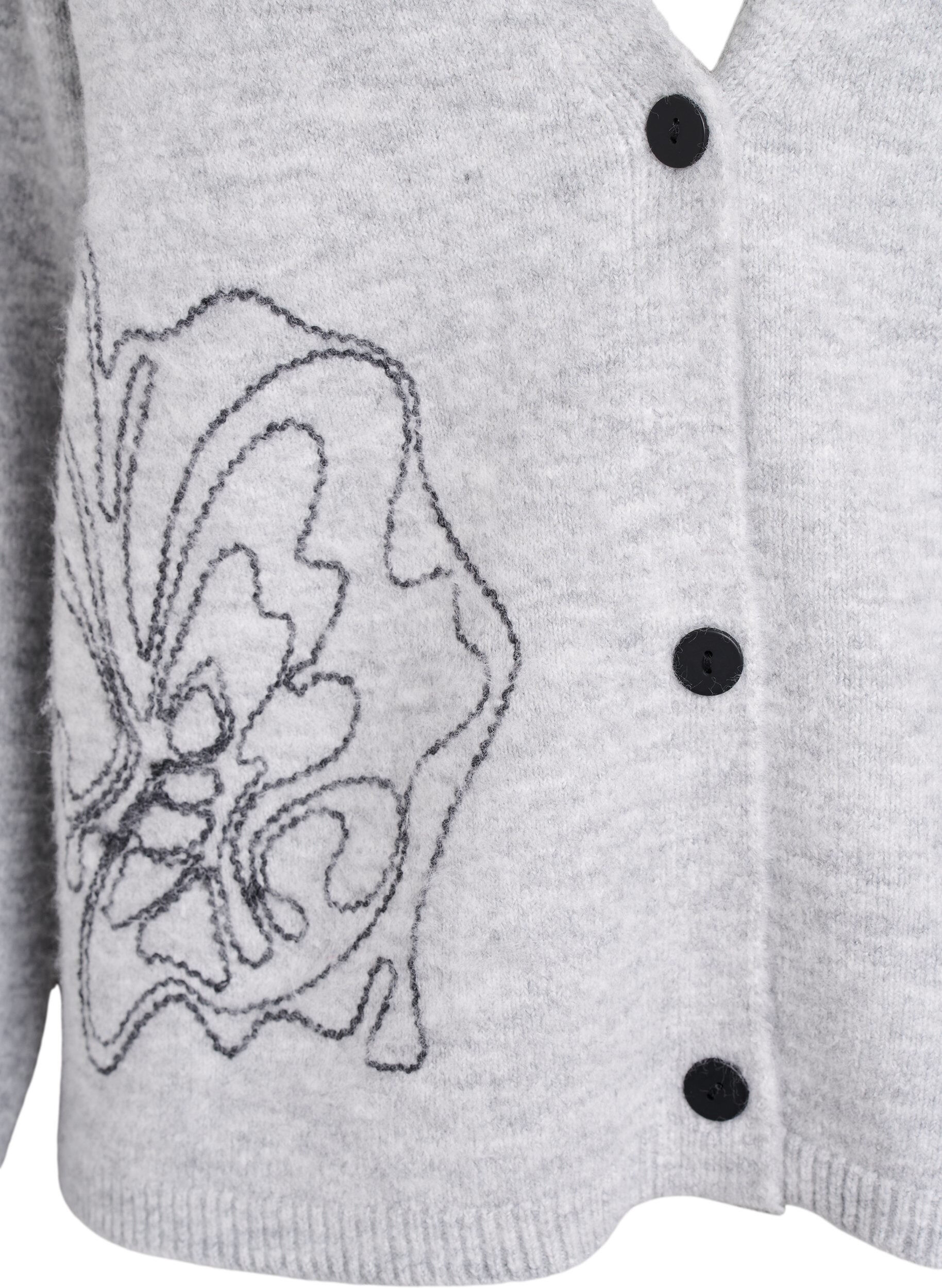 Zizzi Strickjacke mit V-Ausschnitt und aufgestickten Blumen, Grau, Packshot image number 2