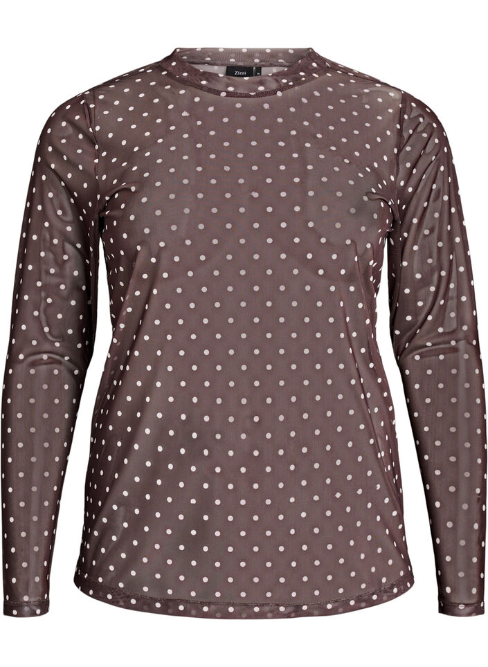 Bluse aus Mesh mit Punkten, Braun, Packshot image number 0
