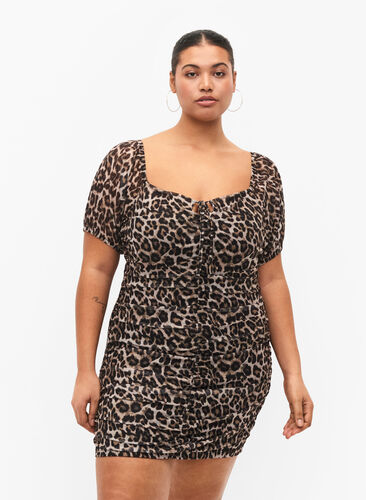 Kurzes Kleid aus Mesh mit Leopardenprint, Leo, Model image number 0