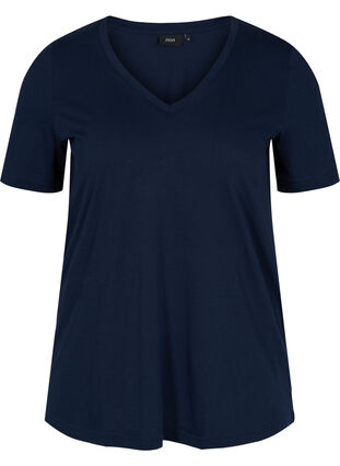 T-Shirt aus Bio-Baumwolle mit V-Ausschnitt, Navy Blazer, Packshot image number 0