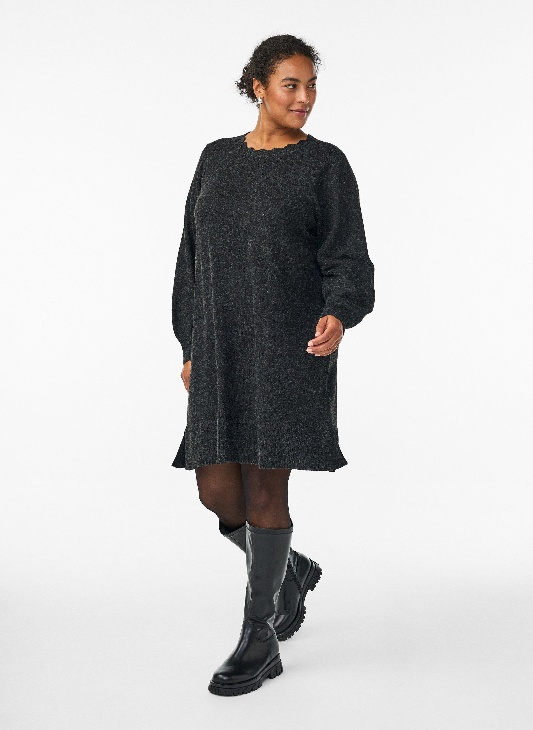 ZizziGestricktes Minikleid mit gewelltem Saum und Schlitzen, Grau, Model image number 0