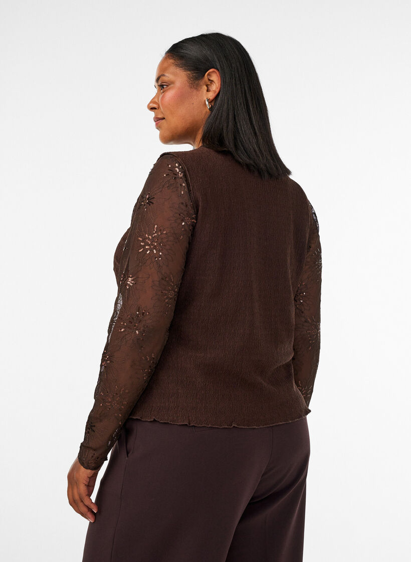 Bluse aus Mesh mit Blumen und Pailletten, Braun, Model image number 2