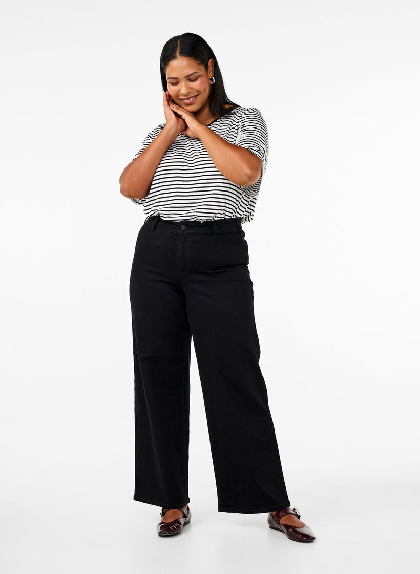 Jeans mit hoher Taille und weitem Bein, Schwarz, Model image number 0