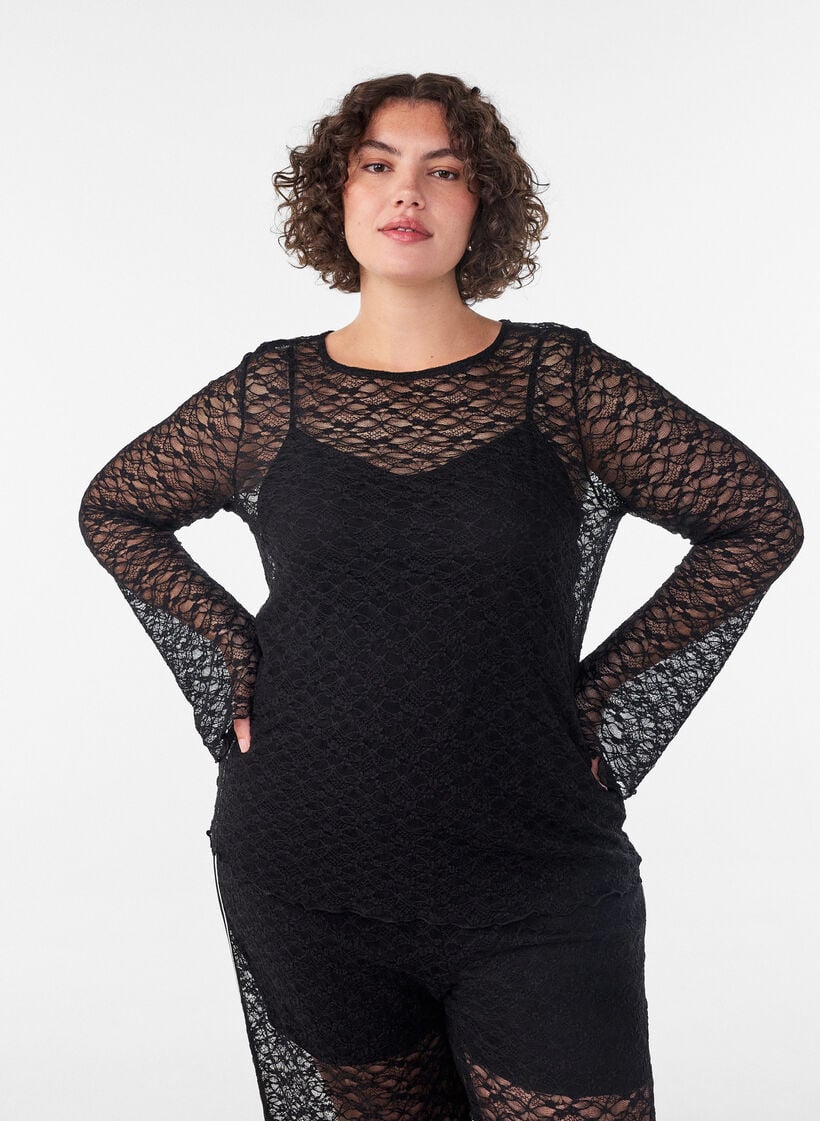 Transparente Bluse aus Spitze mit langen &Auml;rmeln, Schwarz, Model image number 0