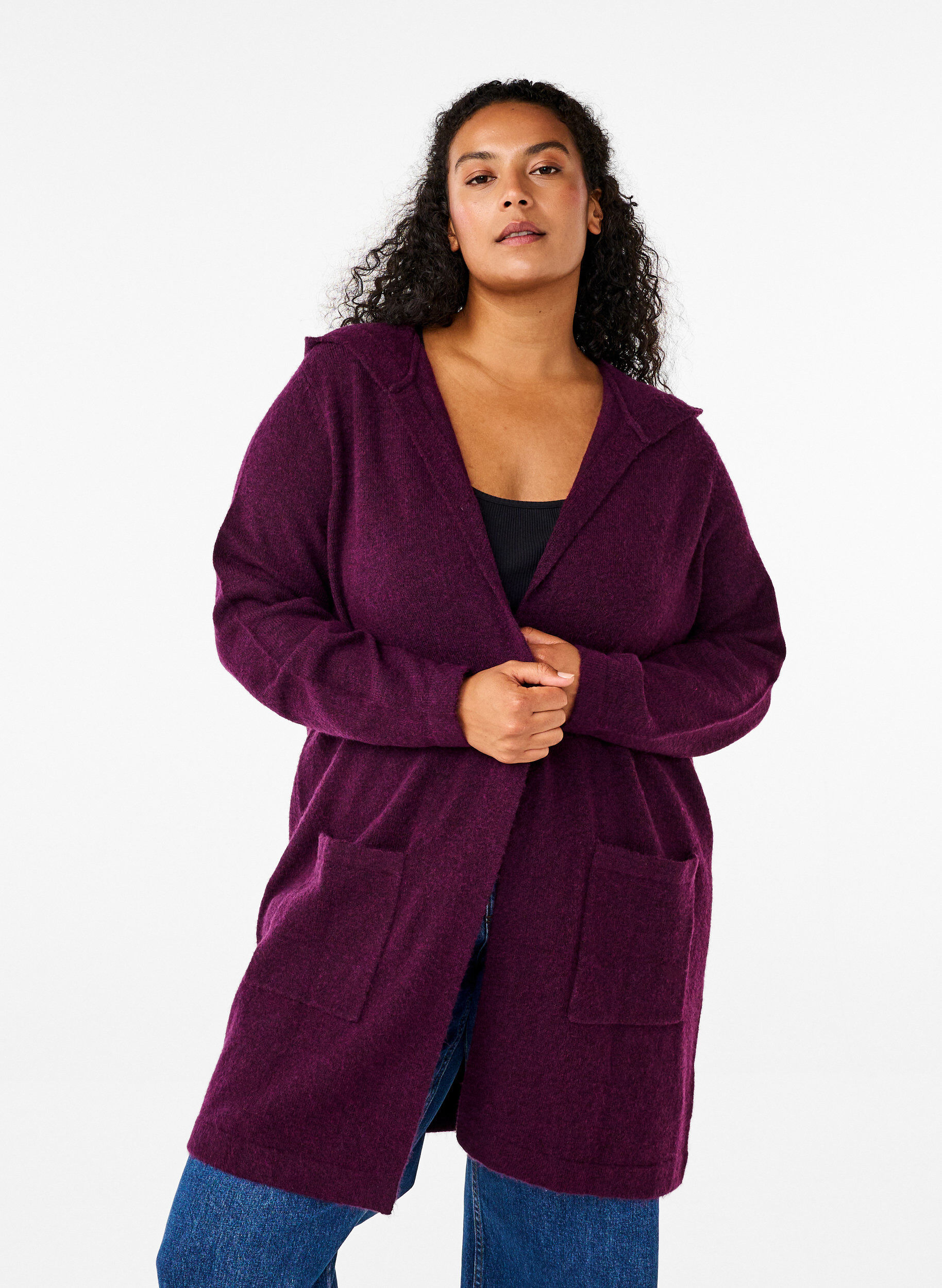 Zizzi Langer Strickcardigan aus Wolle mit Kapuze, Potent Purple Mel., Model image number 0