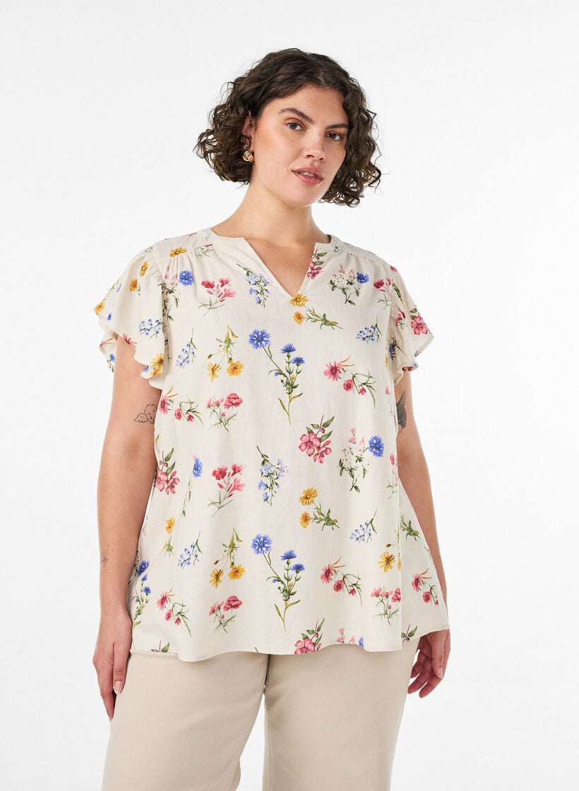 Bluse aus Viskose und Leinen mit R&uuml;schen&auml;rmeln, Beige, Model image number 0
