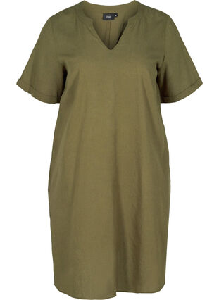 Kurzarm Kleid aus Baumwollmischung mit Leinen, Ivy Green, Packshot image number 0