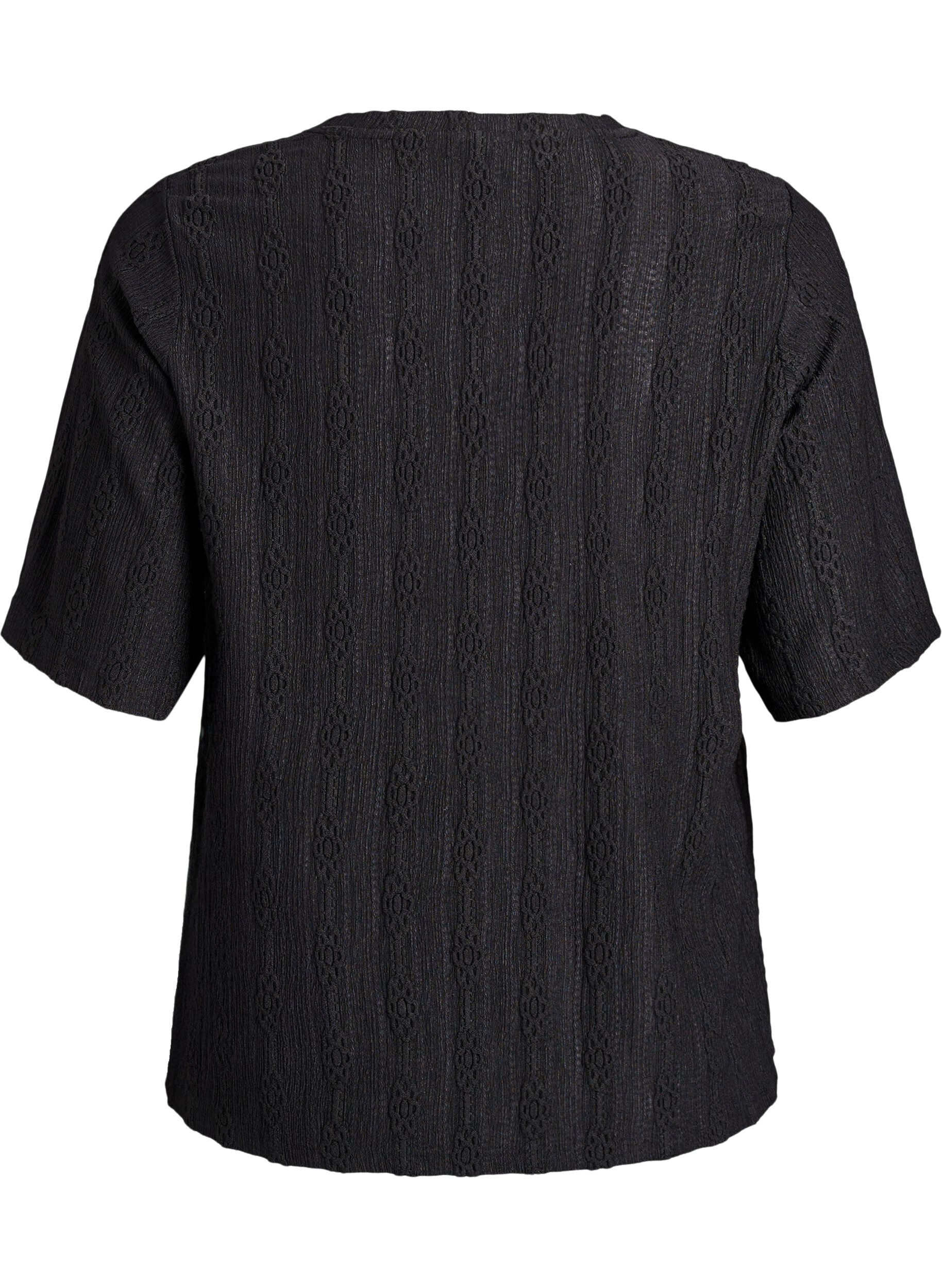 Zizzi Bluse mit Strukturmuster und kurzen &Auml;rmeln, Schwarz, Packshot image number 1