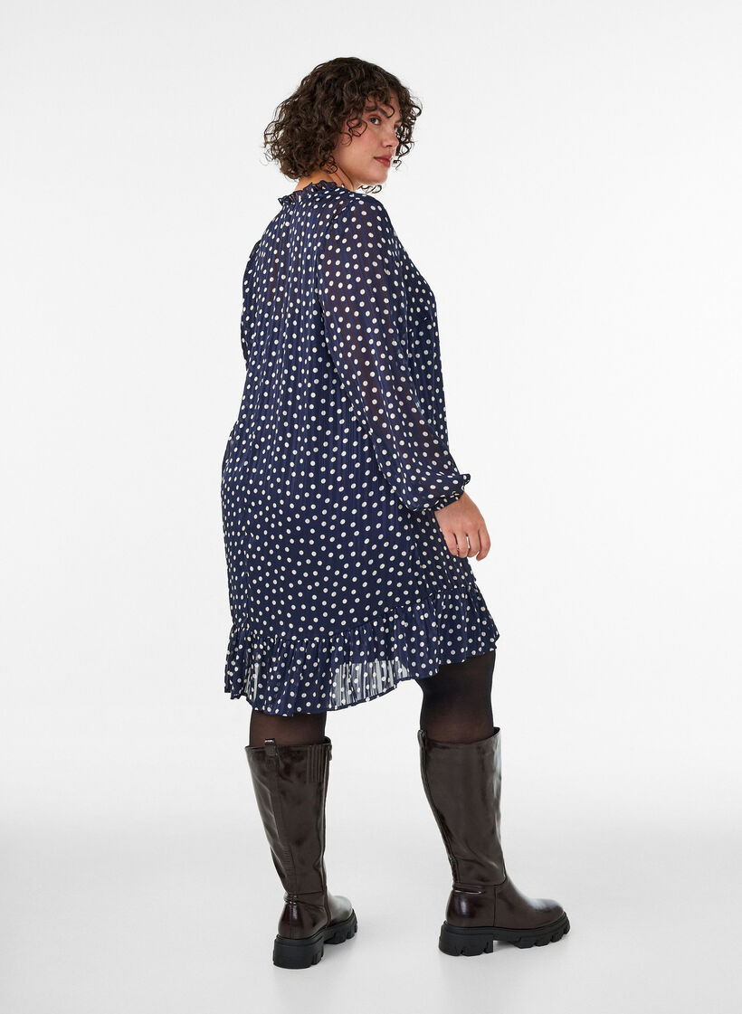 Gemustertes Kleid mit R&uuml;schen und langen &Auml;rmeln, Blau, Model image number 2