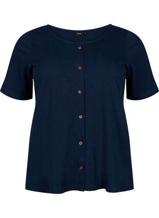 Kurzärmeliges geripptes T-Shirt mit Knöpfen, Navy Blazer, Packshot image number 0