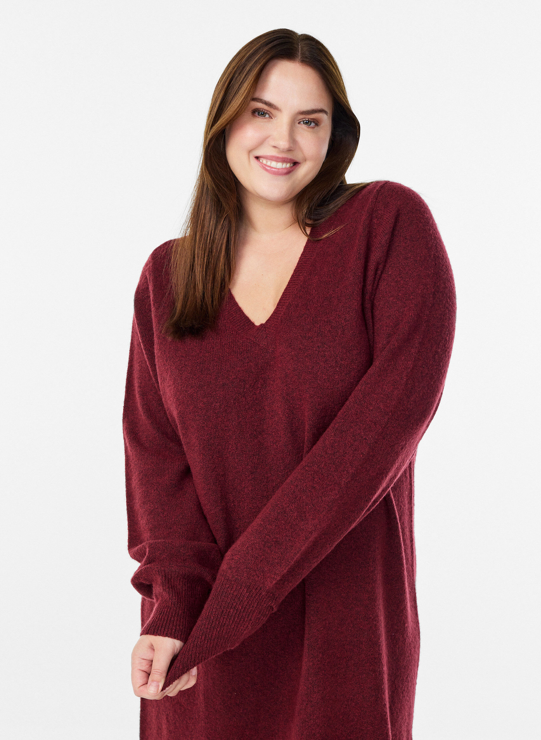 ZizziLang&auml;rmeliges Strickkleid mit V-Ausschnitt, Rot, Model image number 2