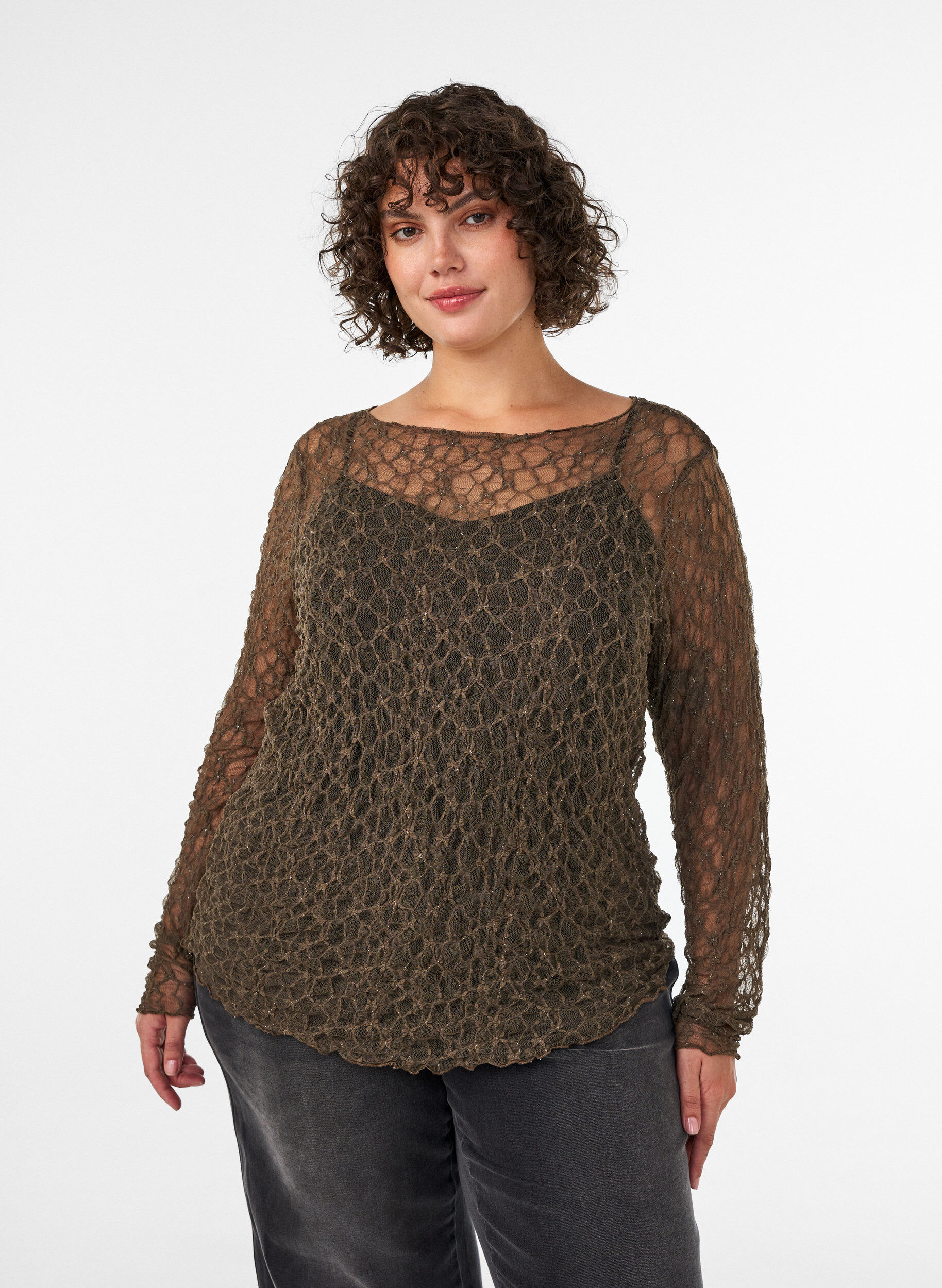 ZizziBluse aus Mesh mit Muster und Glitzerfaden, Braun, Model image number 0