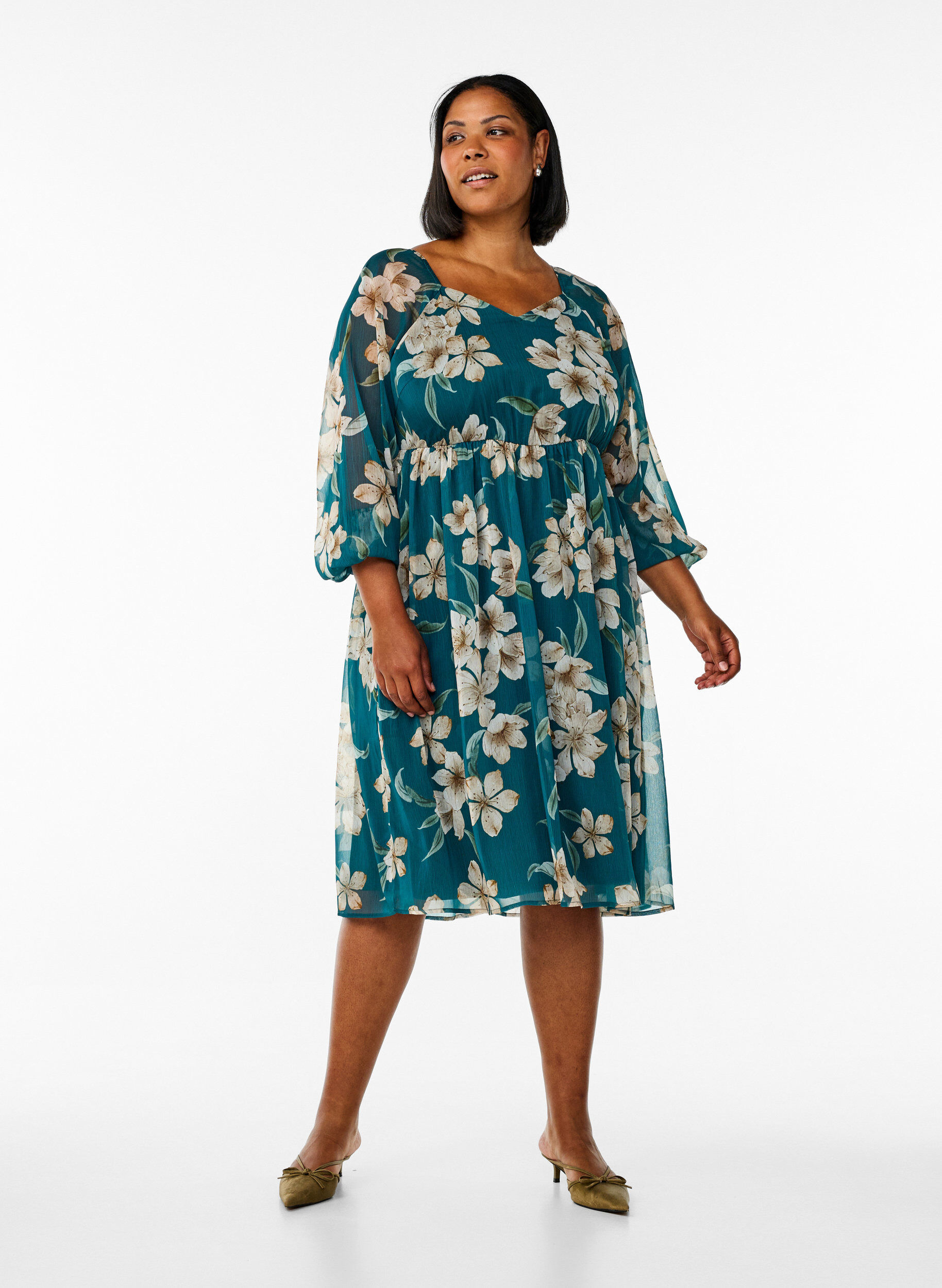 Zizzi Partykleid aus Chiffon mit langen &Auml;rmeln, Gr&uuml;n, Model image number 1