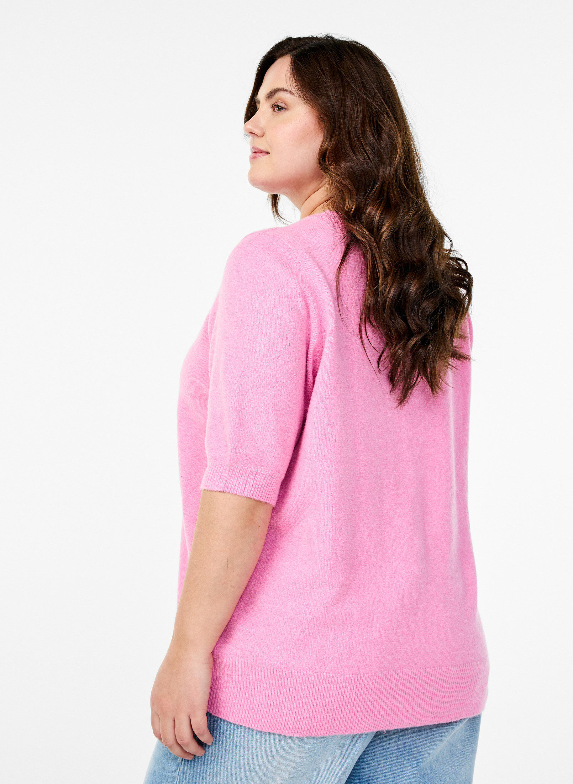 Zizzi Bluse aus Strick mit kurzen &Auml;rmeln, Pink, Model image number 2