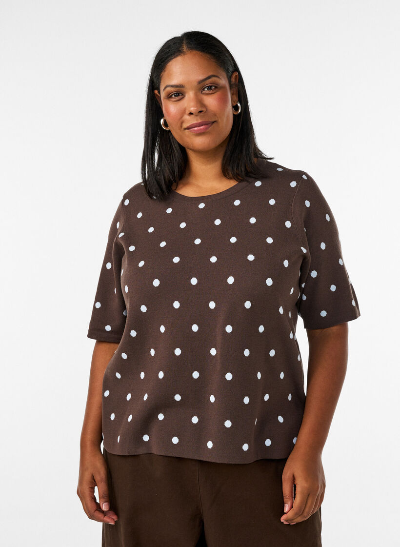 Kurz&auml;rmelige Strickbluse mit Polka Dots, Braun, Model image number 0